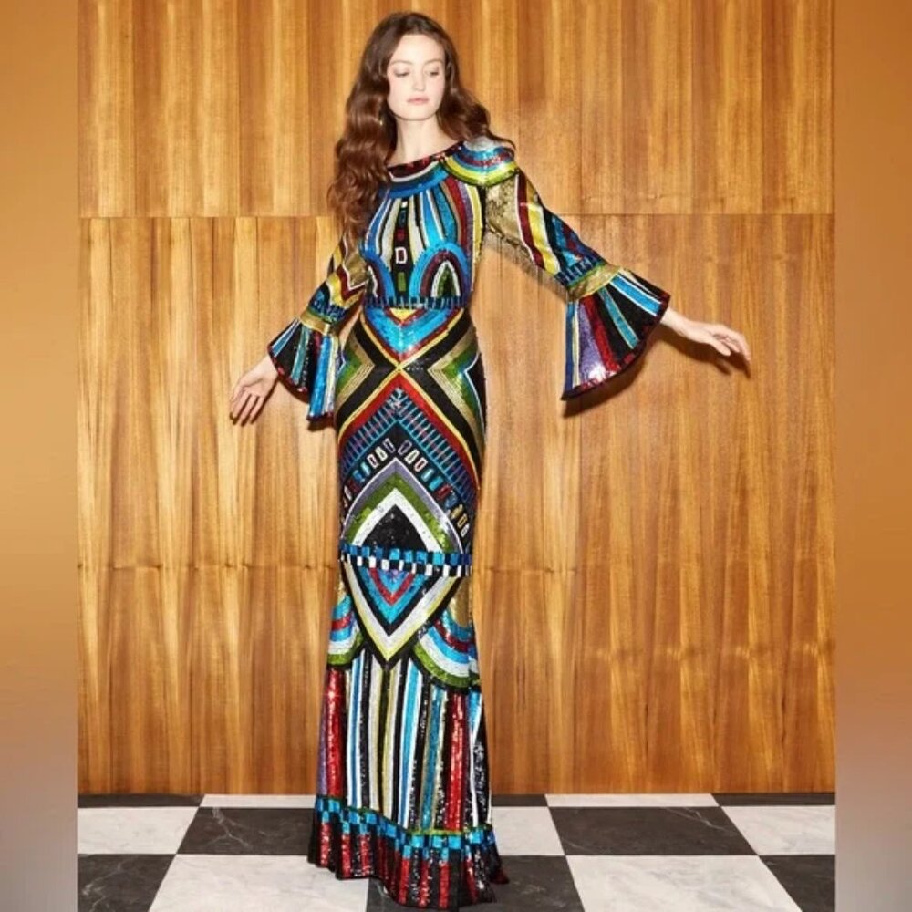Alice + Olivia Jae Embellished Back Keyhole Sequin Long Gown